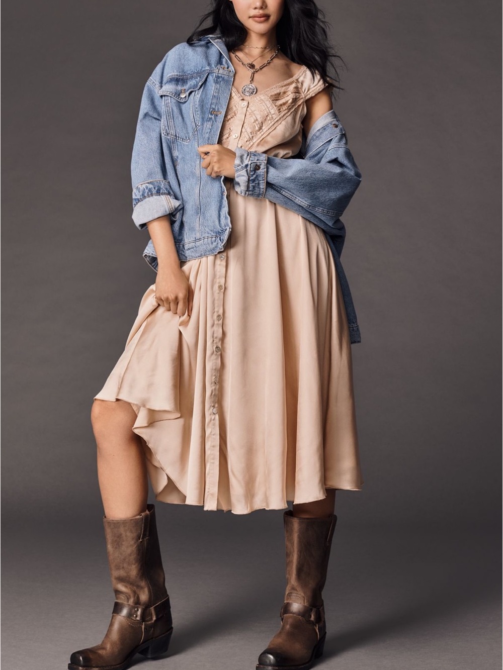 NWT Anthropologie Soft Neutral Pink Button-Front Midi Dress Lace Detail - M - Picture 3 of 8